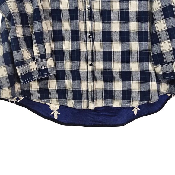 Soft Surroundings Plaid Button Up Shirt XL Velvet Embroidered Navy & Cream - Picture 3 of 11